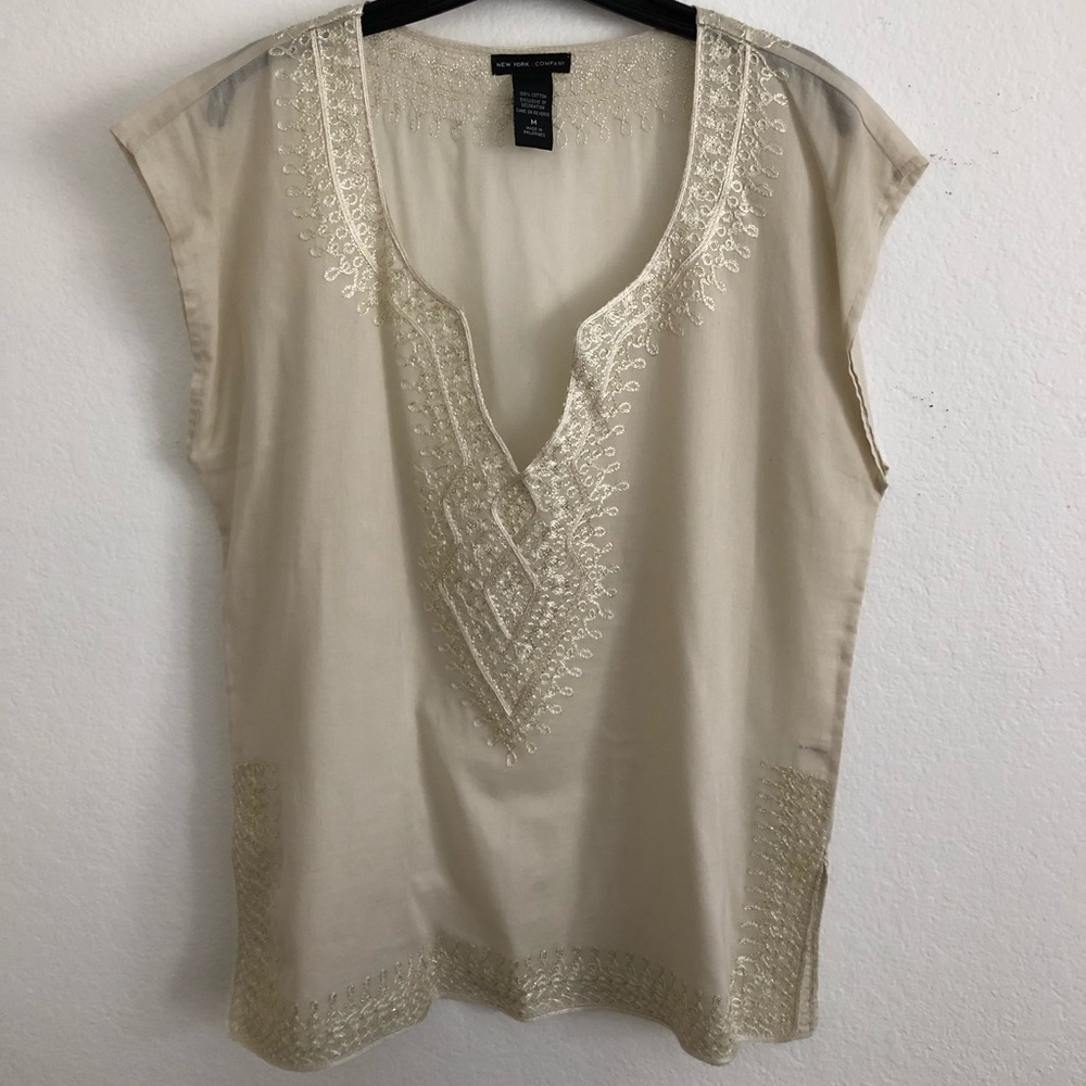 Sleeveless Cream Blouse w Gold Embroidery